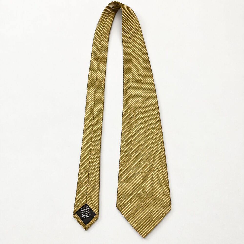 Pavone 100% Silk Necktie Gold Olive Striped Hand Made‎ in Italy Tie